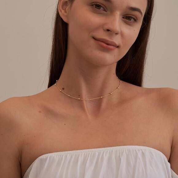 Lightweight Layered 14k Gold Plated Necklace, Dainty Choker with Cubic Zirconia - Picture 3 of 8